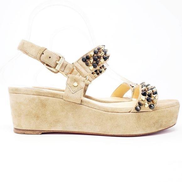 Christian Louboutin Platform Sandals Flat Wedge Gold Brown Spike Stud Tan EU 38 - Picture 4 of 9